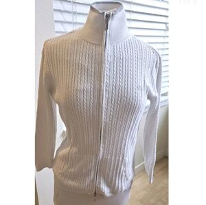LAUREN Ralph Lauren White 1/4 Zip Cable Knit Sweater Women's Size M Silver Trim